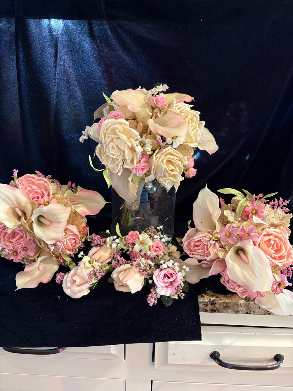 Pink and Cream Artificial Floral Bouquet Set - Wedding Flowers & Bouts